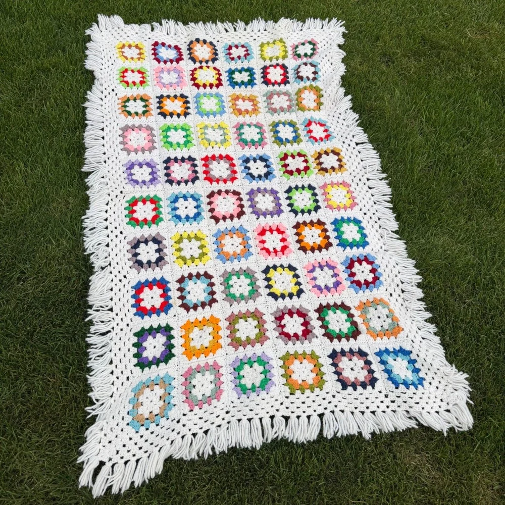A+ Vintage Handmade Crochet Granny Square Throw Blanket Multi-Color Fringe Boho